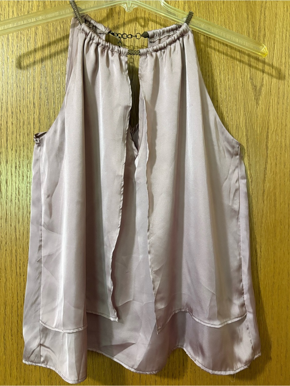 Women’s Silky Mauve Satin Halter Top with Antique Gold Tone Jewelry Neckline